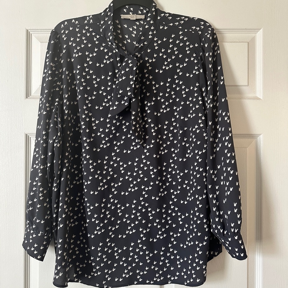 Loft Plus White Rooster Tie Neck Blouse